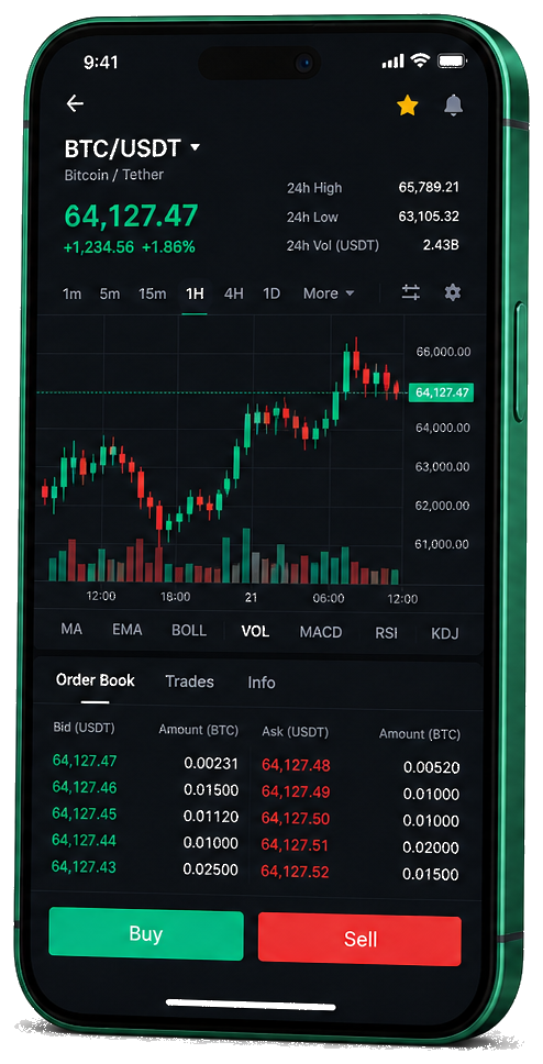 Tien Hiang trading platform on mobile — live BTC/USDT chart, order book, and buy/sell interface